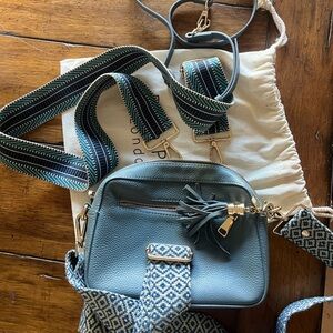 Pom Pom London Slate Blue City Leather Crossbody Bag with three straps